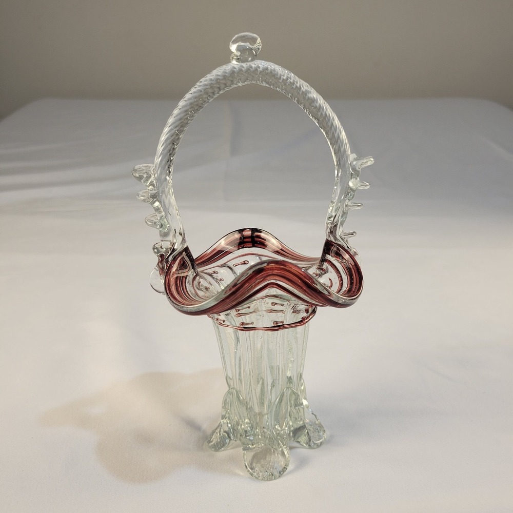Mid Century Venetian Murano Art Glass Basket Clear w/Cranberry Striping